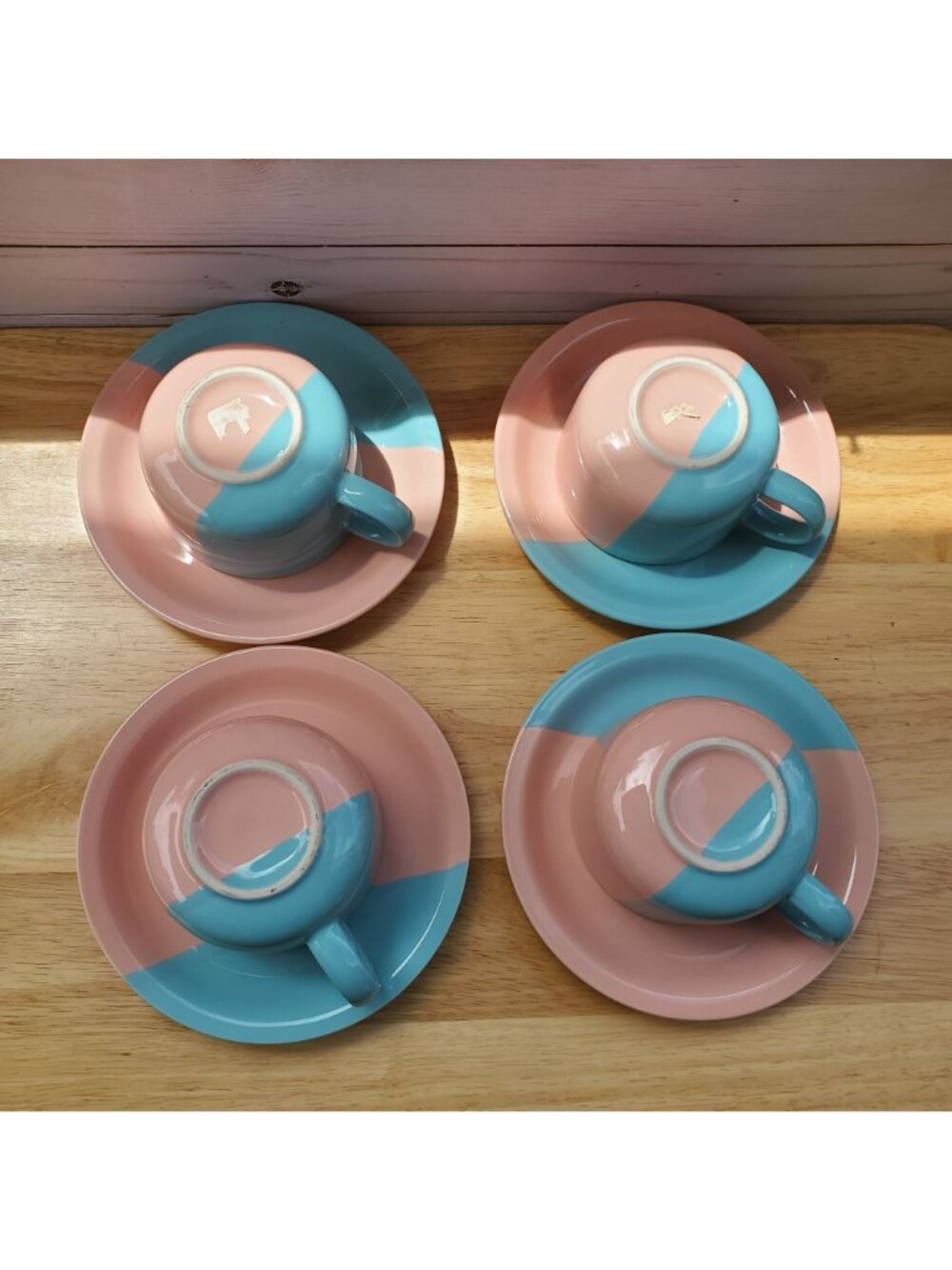 Hand Painted VTG Pier 1 Pink Blue Set Of 4 Coffee Cups And Saucers Japan 1990s - Picture 14 of 16